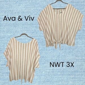 Ava & Viv 3X Cream With Stripes Dolman Sleeve Tie Front Blouse NWT